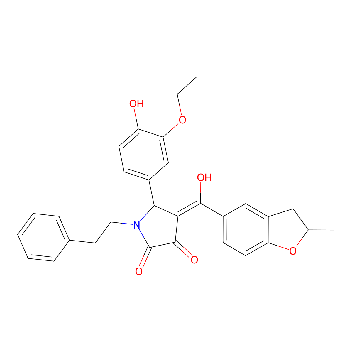 5-(3-ethoxy-4-hydroxyphenyl)-3-hydroxy-4-(2-methyl-2,3-dihydro-1-benzofuran-5-carbonyl)-1-(2-phenylethyl)-2,5-dihydro-1H-pyrrol-2-one molecular structure, CAS 858748-88-6