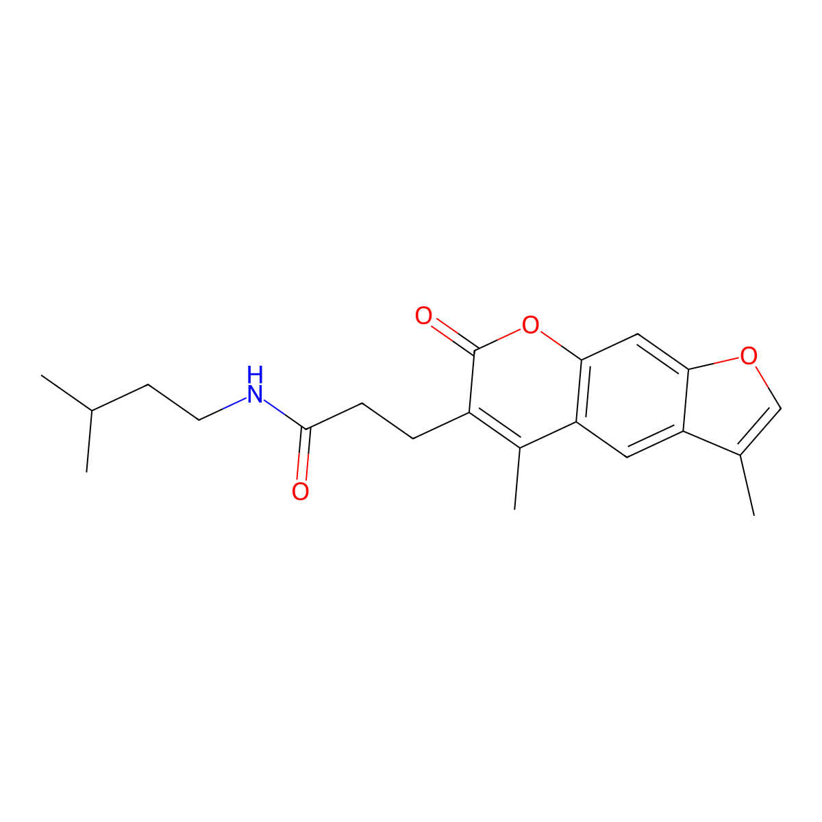 3-(3,5-dimethyl-7-oxo-7H-furo[3,2-g]chromen-6-yl)-N-(3-methylbutyl)propanamide molecular structure, CAS 858749-08-3