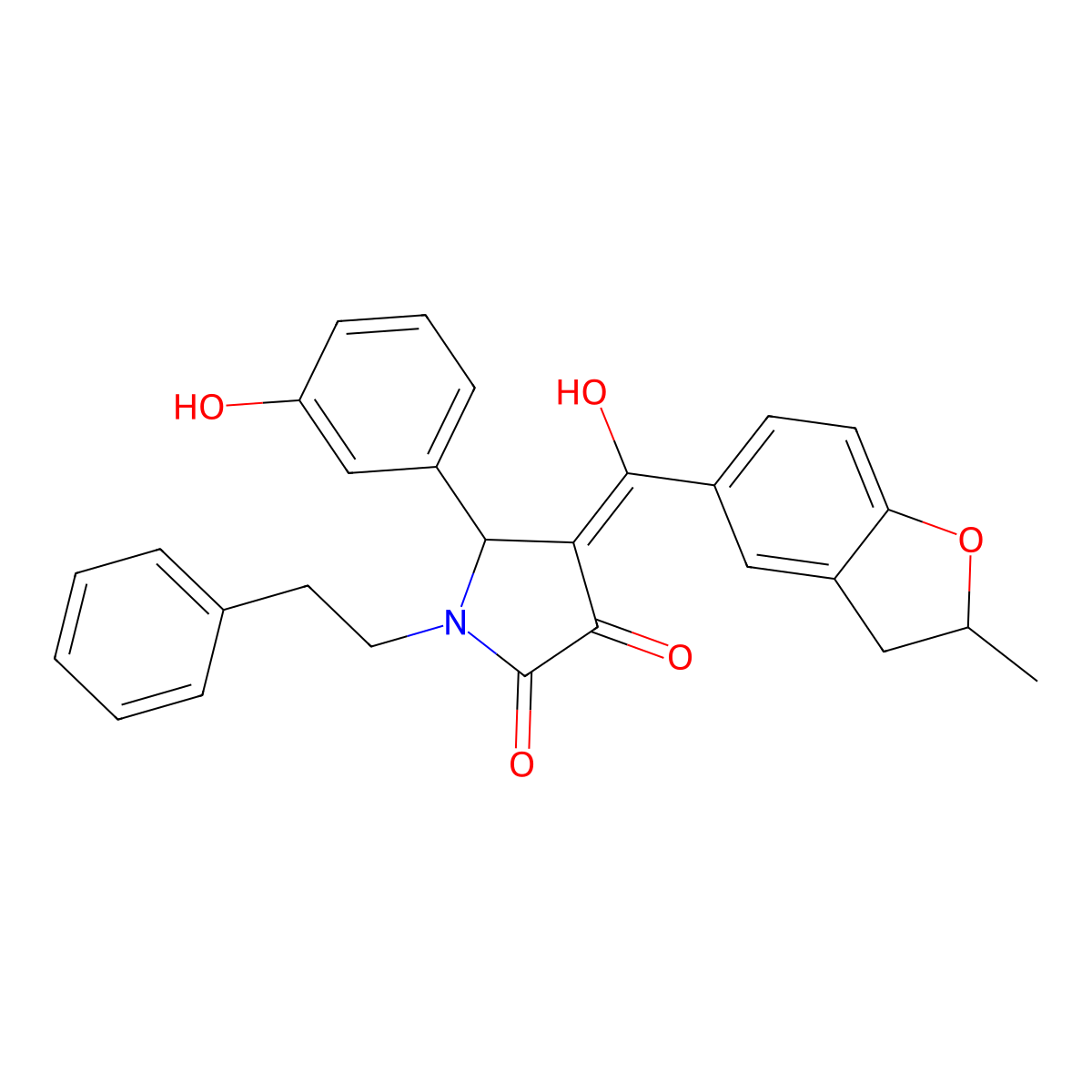 3-hydroxy-5-(3-hydroxyphenyl)-4-(2-methyl-2,3-dihydro-1-benzofuran-5-carbonyl)-1-(2-phenylethyl)-2,5-dihydro-1H-pyrrol-2-one molecular structure, CAS 858749-54-9