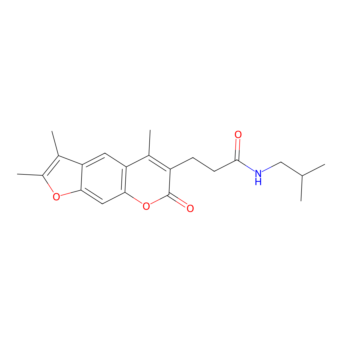 N-isobutyl-3-(2,3,5-trimethyl-7-oxo-7H-furo[3,2-g]chromen-6-yl)propanamide molecular structure, CAS 858750-60-4