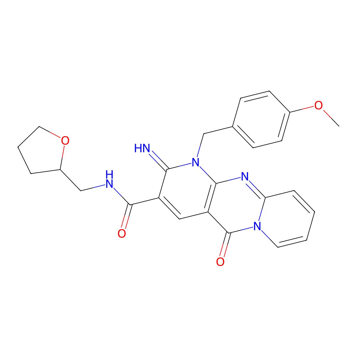 2-azanylidene-1-[(4-methoxyphenyl)methyl]-5-oxidanylidene-N-(oxolan-2-ylmethyl)dipyrido[1,2-d:3'',4''-f]pyrimidine-3-carboxamide molecular structure, CAS 858750-74-0