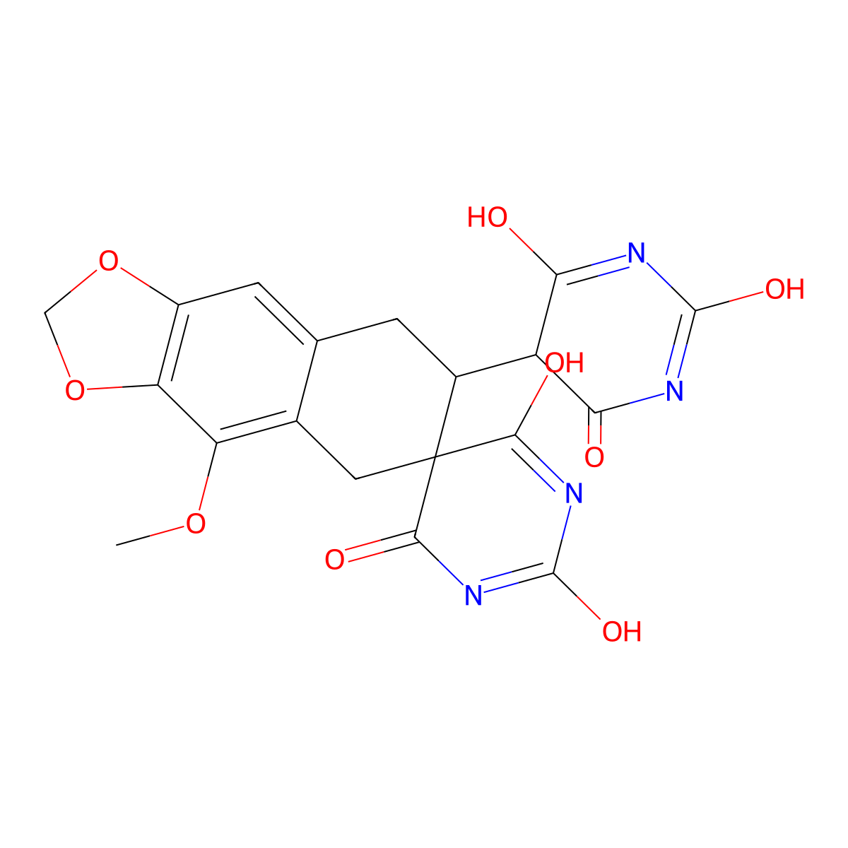 4-methoxy-7-(2,4,6-trioxohexahydropyrimidin-5-yl)-7,8-dihydro-1'H,5H-spiro[naphtho[2,3-d][1,3]dioxole-6,5'-pyrimidine]-2',4',6'(3'H)-trione molecular structure, CAS 858751-18-5