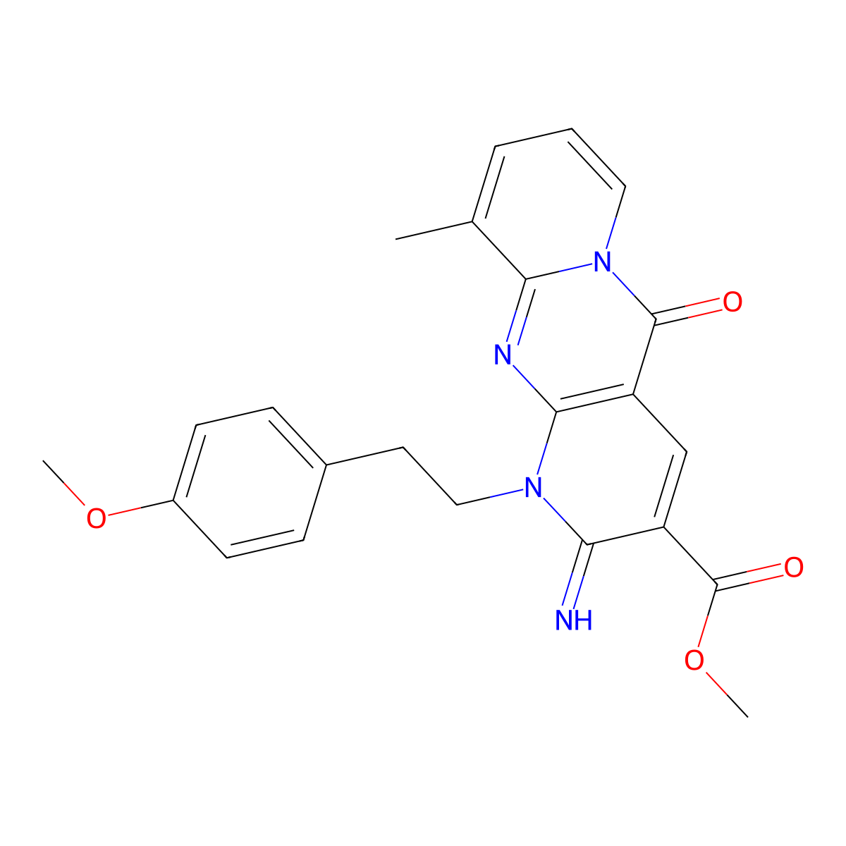 methyl 2-imino-1-(4-methoxyphenethyl)-10-methyl-5-oxo-1,5-dihydro-2H-dipyrido[1,2-a:2,3-d]pyrimidine-3-carboxylate molecular structure, CAS 858752-43-9