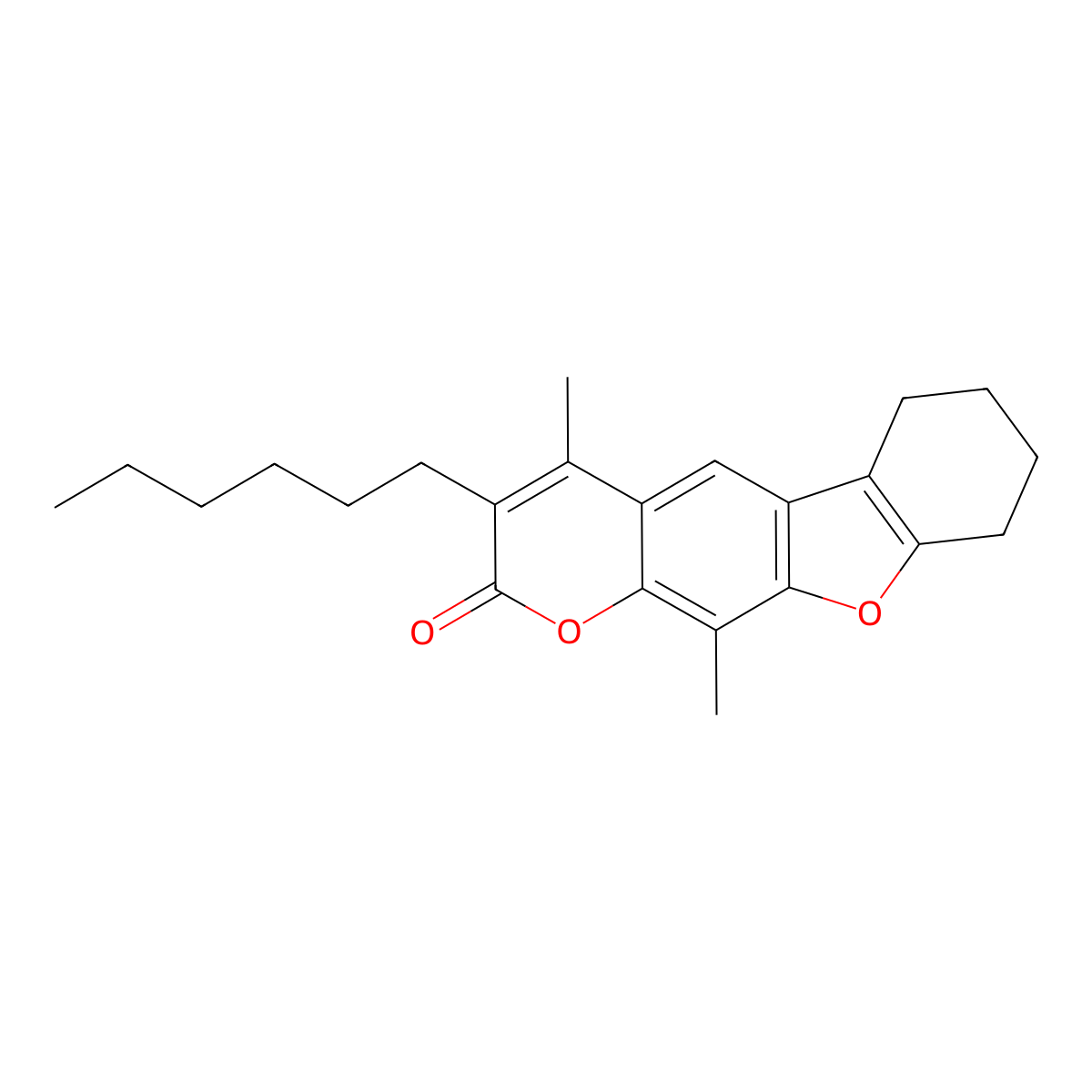 3-hexyl-4,11-dimethyl-6,7,8,9-tetrahydro-2H-[1]benzofuro[3,2-g]chromen-2-one molecular structure, CAS 858752-85-9