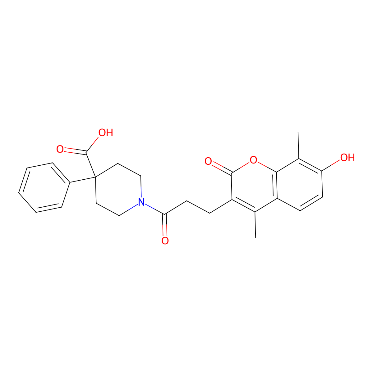 1-[3-(7-hydroxy-4,8-dimethyl-2-oxo-2H-chromen-3-yl)propanoyl]-4-phenylpiperidine-4-carboxylic acid molecular structure, CAS 858753-19-2