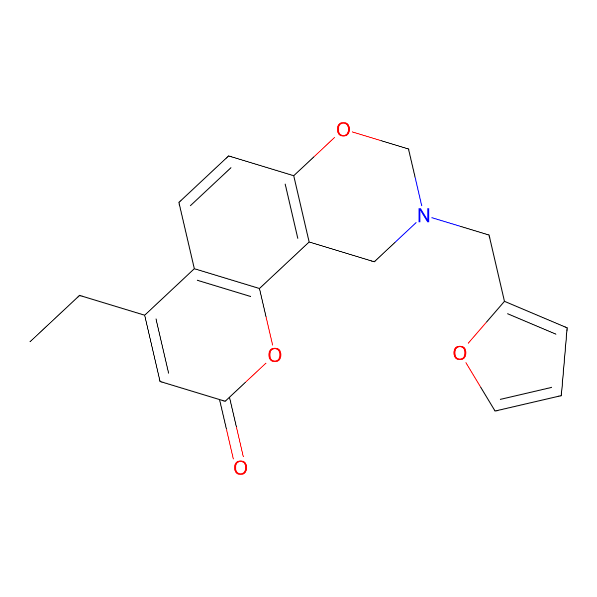 4-ethyl-9-(2-furylmethyl)-9,10-dihydro-2H,8H-chromeno[8,7-e][1,3]oxazin-2-one molecular structure, CAS 858753-31-8