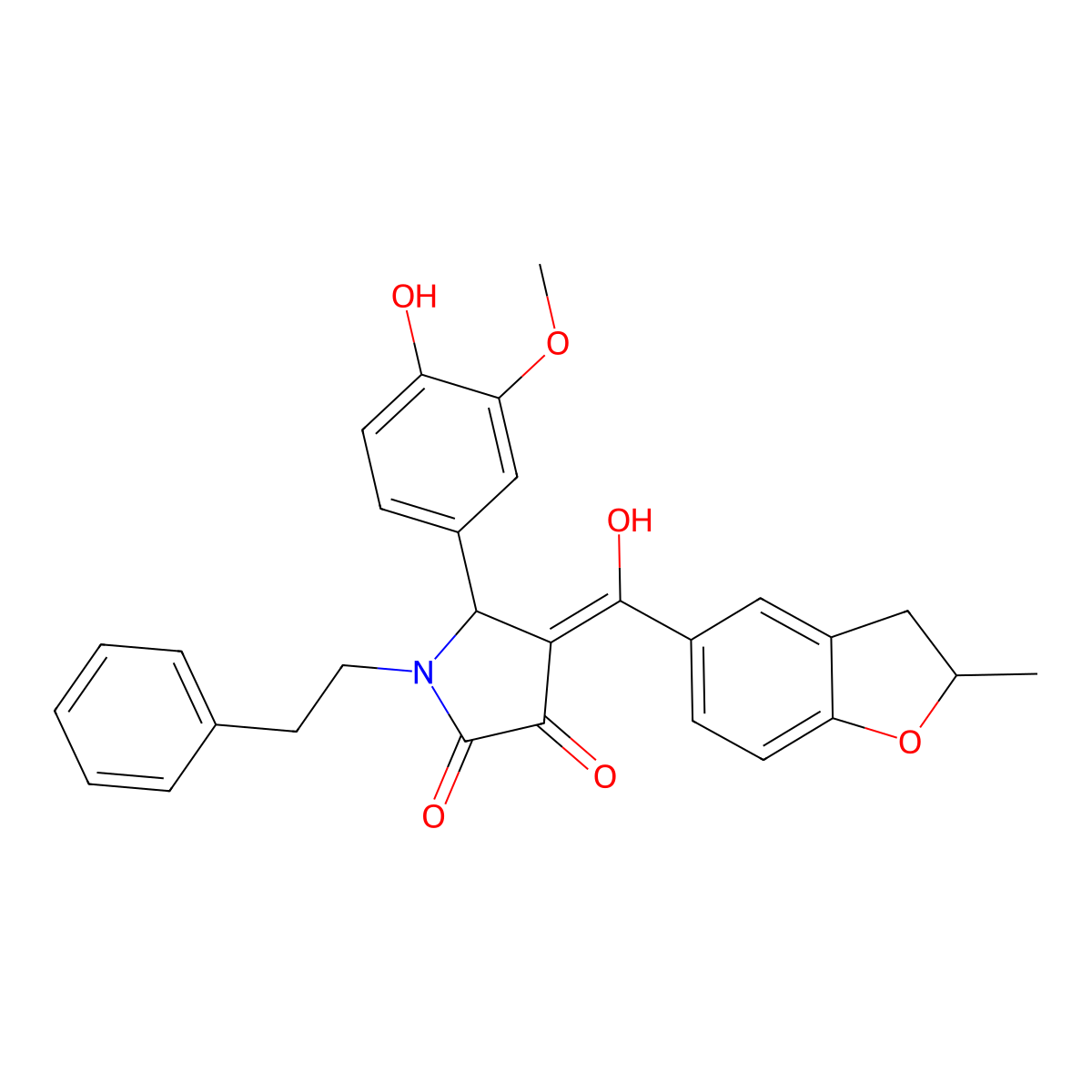 3-hydroxy-5-(4-hydroxy-3-methoxyphenyl)-4-(2-methyl-2,3-dihydro-1-benzofuran-5-carbonyl)-1-(2-phenylethyl)-2,5-dihydro-1H-pyrrol-2-one molecular structure, CAS 858754-10-6