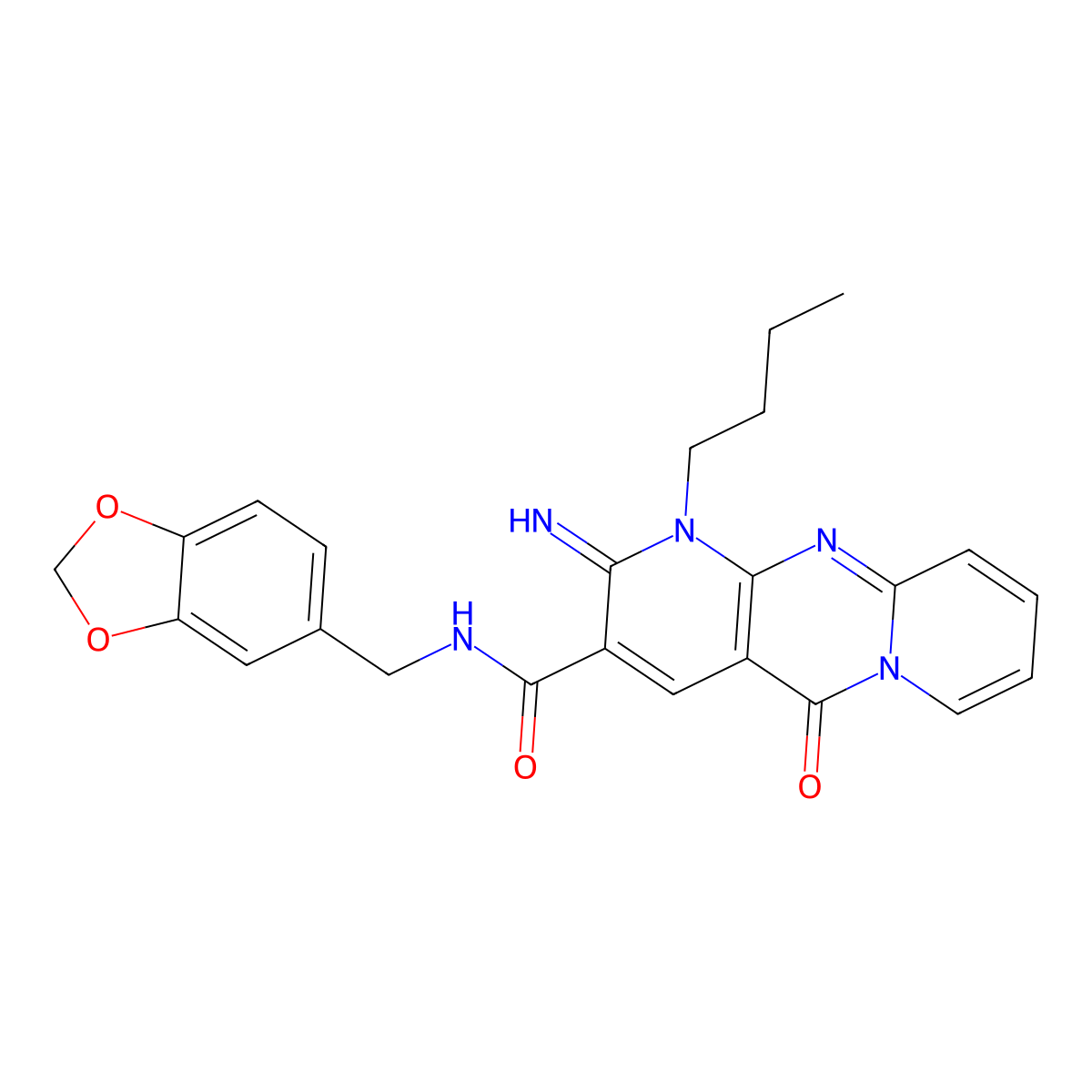 N-(1,3-benzodioxol-5-ylmethyl)-1-butyl-2-imino-5-oxo-1,5-dihydro-2H-dipyrido[1,2-a:2',3'-d]pyrimidine-3-carboxamide molecular structure, CAS 858754-87-7