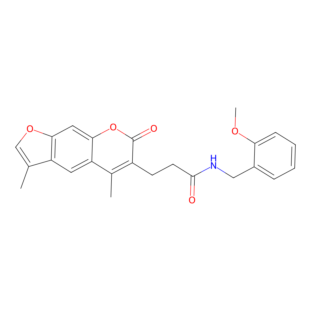 3-(3,5-dimethyl-7-oxo-7H-furo[3,2-g]chromen-6-yl)-N-(2-methoxybenzyl)propanamide molecular structure, CAS 858754-95-7