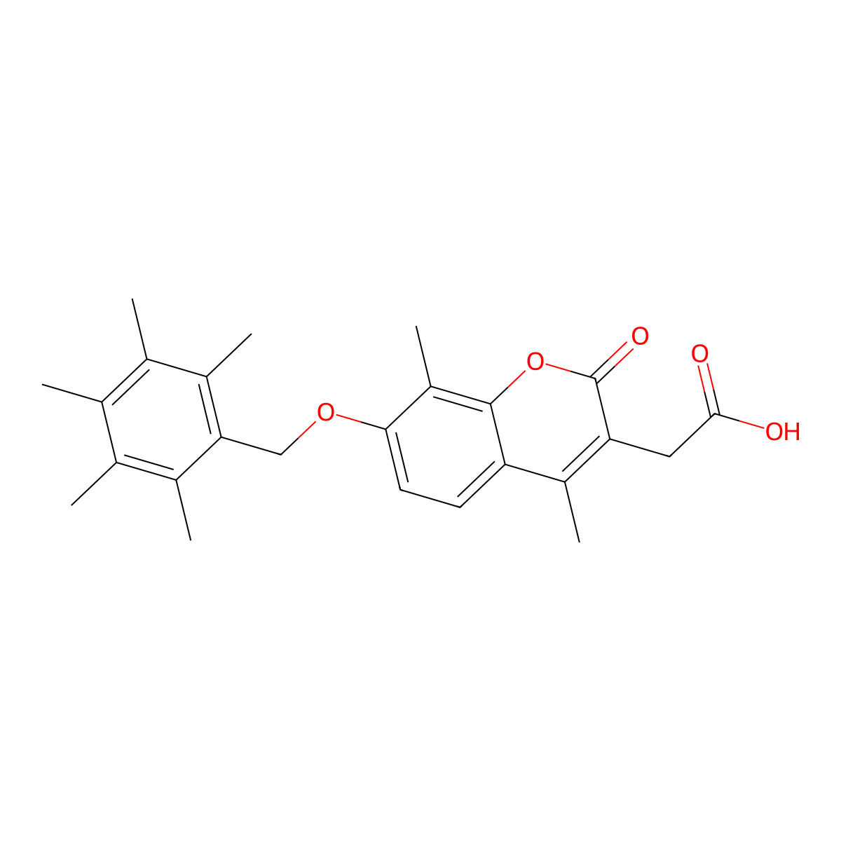 2-[4,8-dimethyl-2-oxo-7-[(2,3,4,5,6-pentamethylphenyl)methoxy]chromen-3-yl]acetic Acid molecular structure, CAS 858755-94-9
