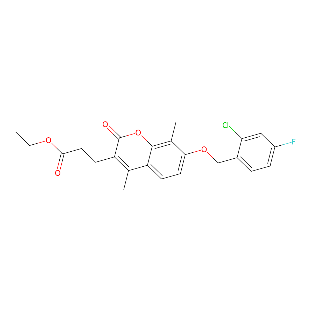 ethyl 3-{7-[(2-chloro-4-fluorobenzyl)oxy]-4,8-dimethyl-2-oxo-2H-chromen-3-yl}propanoate molecular structure, CAS 858757-76-3