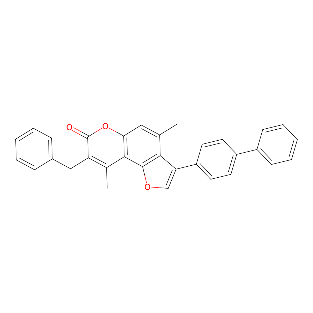 8-benzyl-3-(4-biphenylyl)-4,9-dimethyl-7H-furo[2,3-f]chromen-7-one molecular structure, CAS 858758-07-3