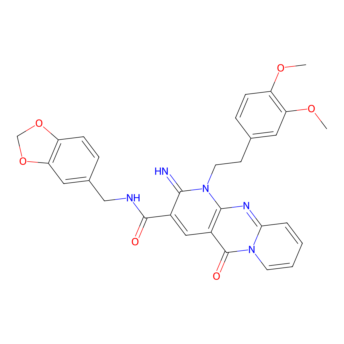 N-(1,3-benzodioxol-5-ylmethyl)-1-[2-(3,4-dimethoxyphenyl)ethyl]-2-imino-5-oxo-1,5-dihydro-2H-dipyrido[1,2-a:2',3'-d]pyrimidine-3-carboxamide molecular structure, CAS 858758-68-6