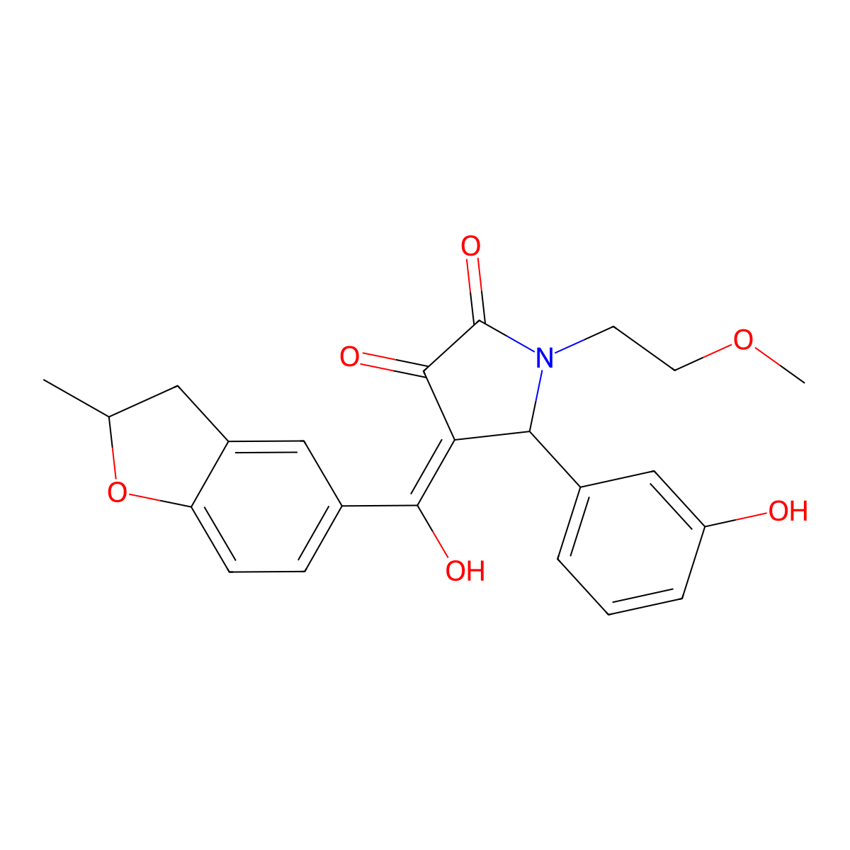3-hydroxy-5-(3-hydroxyphenyl)-1-(2-methoxyethyl)-4-(2-methyl-2,3-dihydro-1-benzofuran-5-carbonyl)-2,5-dihydro-1H-pyrrol-2-one molecular structure, CAS 858759-06-5