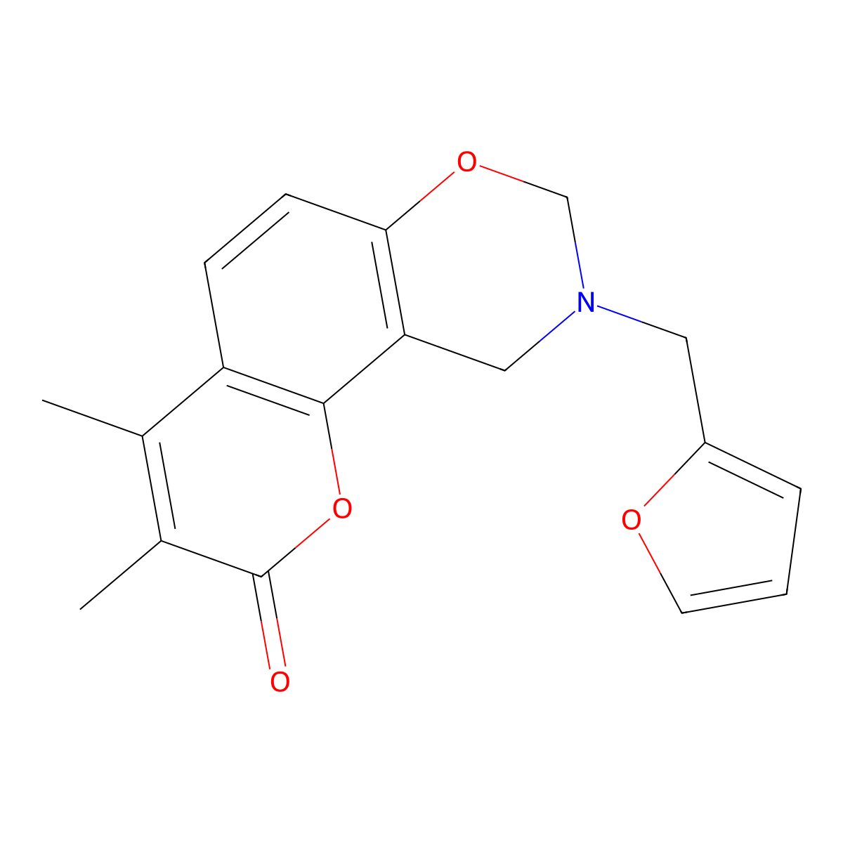 9-(2-furylmethyl)-3,4-dimethyl-9,10-dihydro-2H,8H-chromeno[8,7-e][1,3]oxazin-2-one molecular structure, CAS 858760-49-3