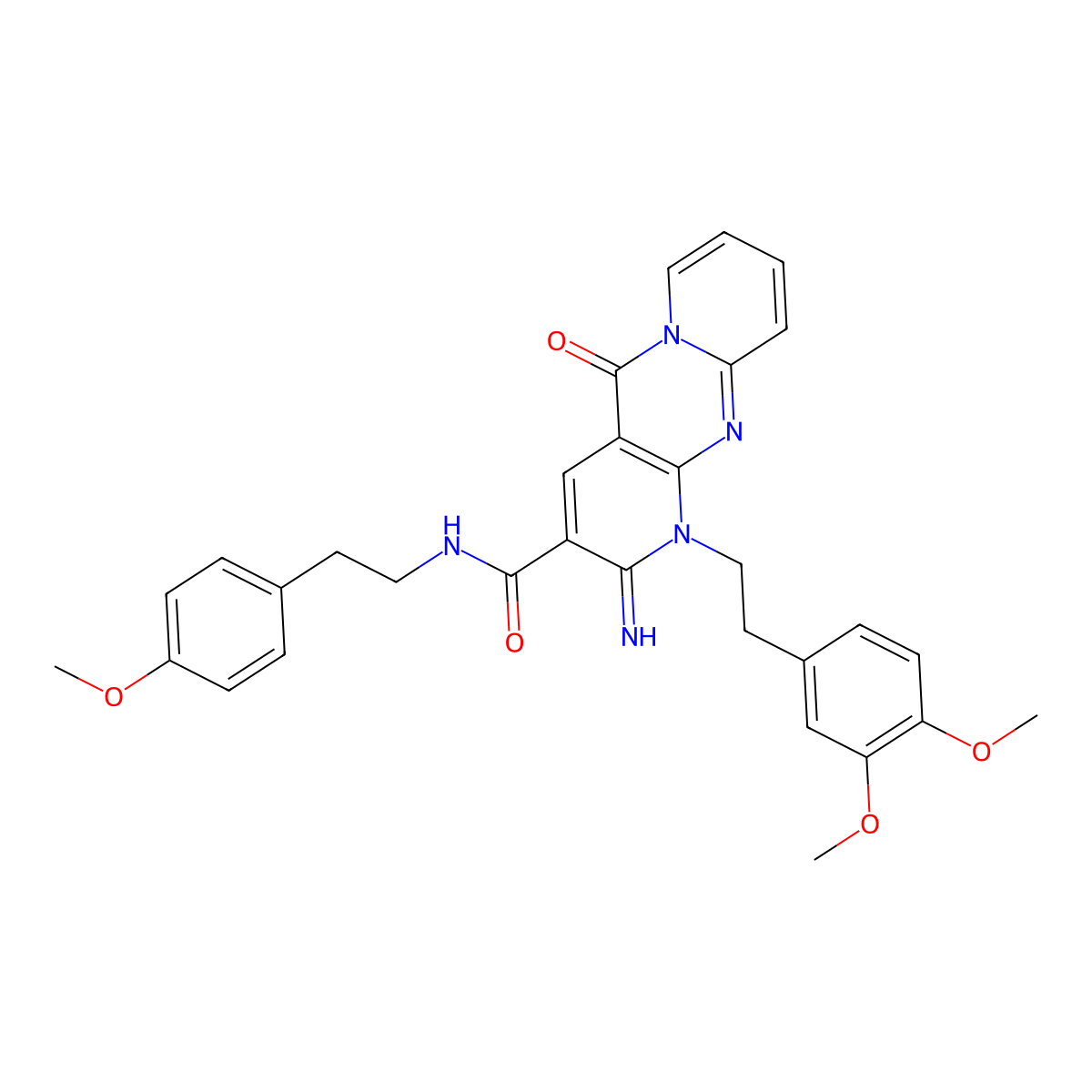 1-[2-(3,4-dimethoxyphenyl)ethyl]-2-imino-N-[2-(4-methoxyphenyl)ethyl]-5-oxo-1,5-dihydro-2H-dipyrido[1,2-a:2',3'-d]pyrimidine-3-carboxamide molecular structure, CAS 858761-18-9