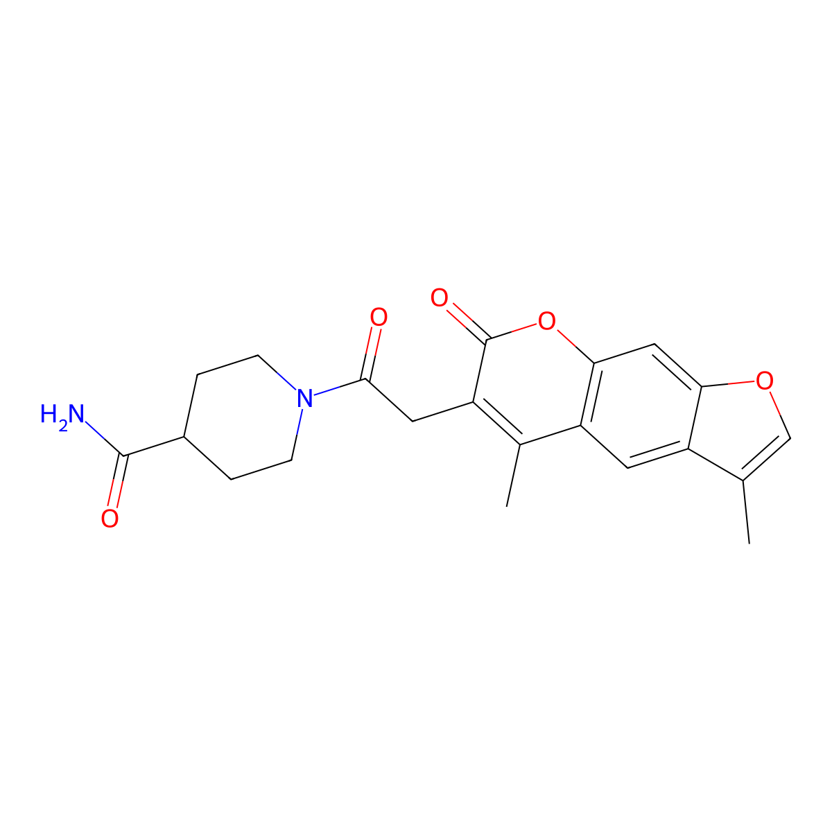 1-[(3,5-dimethyl-7-oxo-7H-furo[3,2-g]chromen-6-yl)acetyl]piperidine-4-carboxamide molecular structure, CAS 858761-45-2