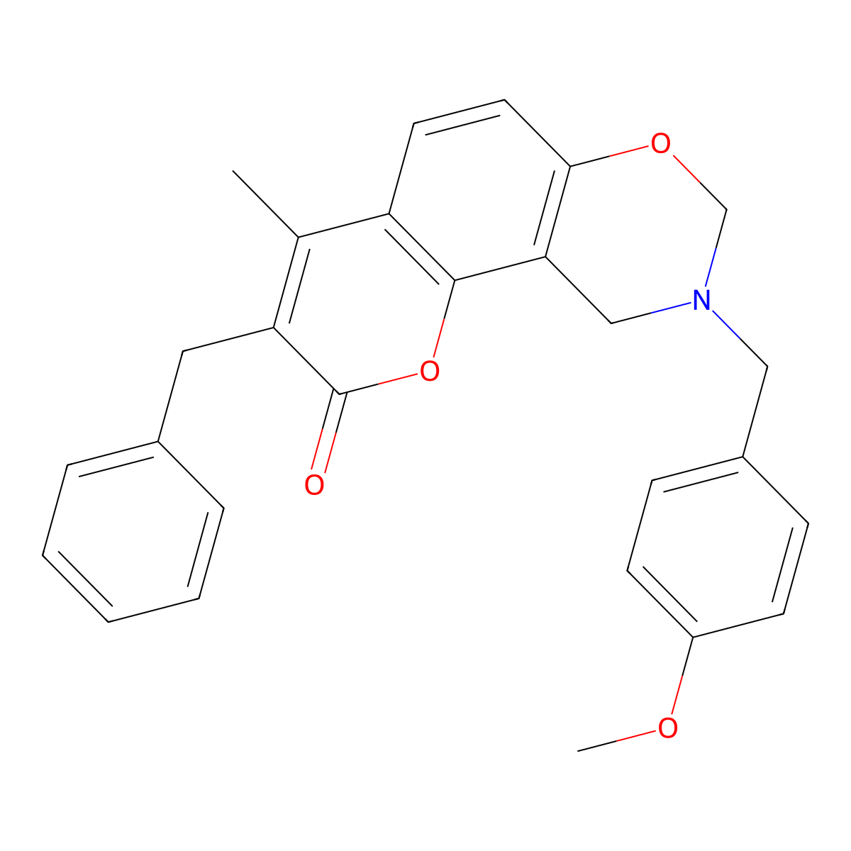 3-benzyl-9-(4-methoxybenzyl)-4-methyl-9,10-dihydro-2H,8H-chromeno[8,7-e][1,3]oxazin-2-one molecular structure, CAS 858761-77-0