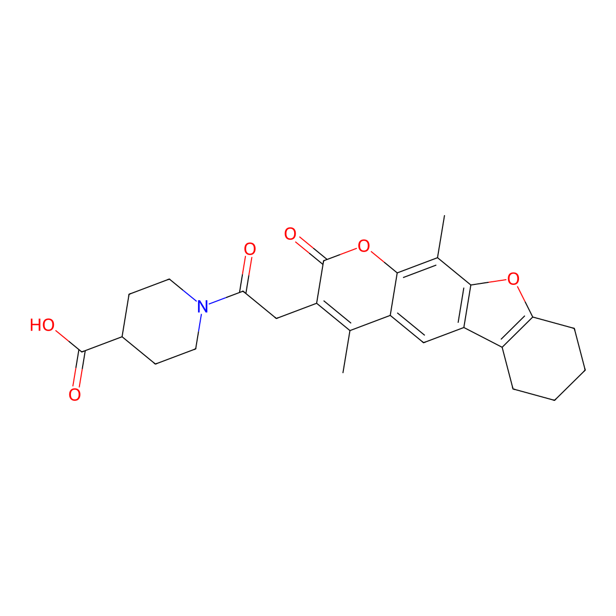 1-[(4,11-dimethyl-2-oxo-6,7,8,9-tetrahydro-2H-[1]benzofuro[3,2-g]chromen-3-yl)acetyl]piperidine-4-carboxylic acid molecular structure, CAS 858762-07-9