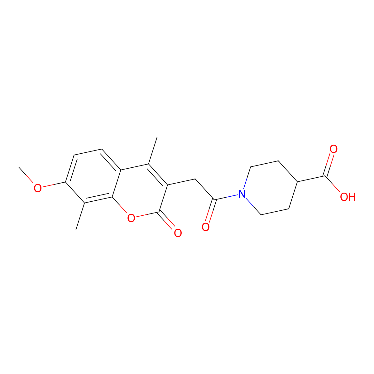 1-[(7-methoxy-4,8-dimethyl-2-oxo-2H-chromen-3-yl)acetyl]piperidine-4-carboxylic acid molecular structure, CAS 858762-37-5