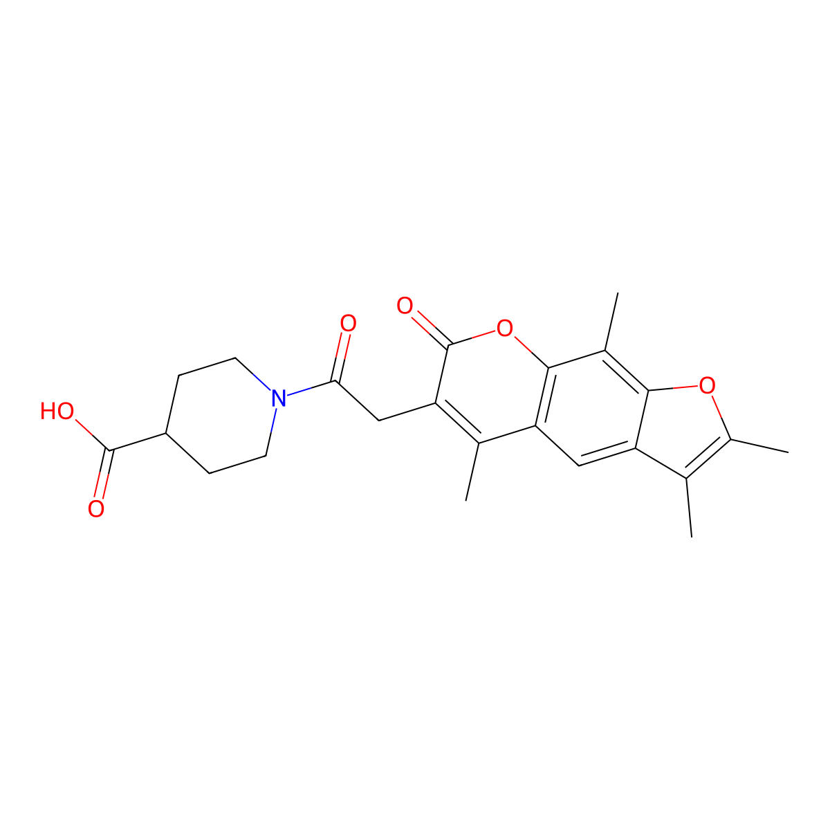 1-[(2,3,5,9-tetramethyl-7-oxo-7H-furo[3,2-g]chromen-6-yl)acetyl]piperidine-4-carboxylic acid molecular structure, CAS 858762-90-0