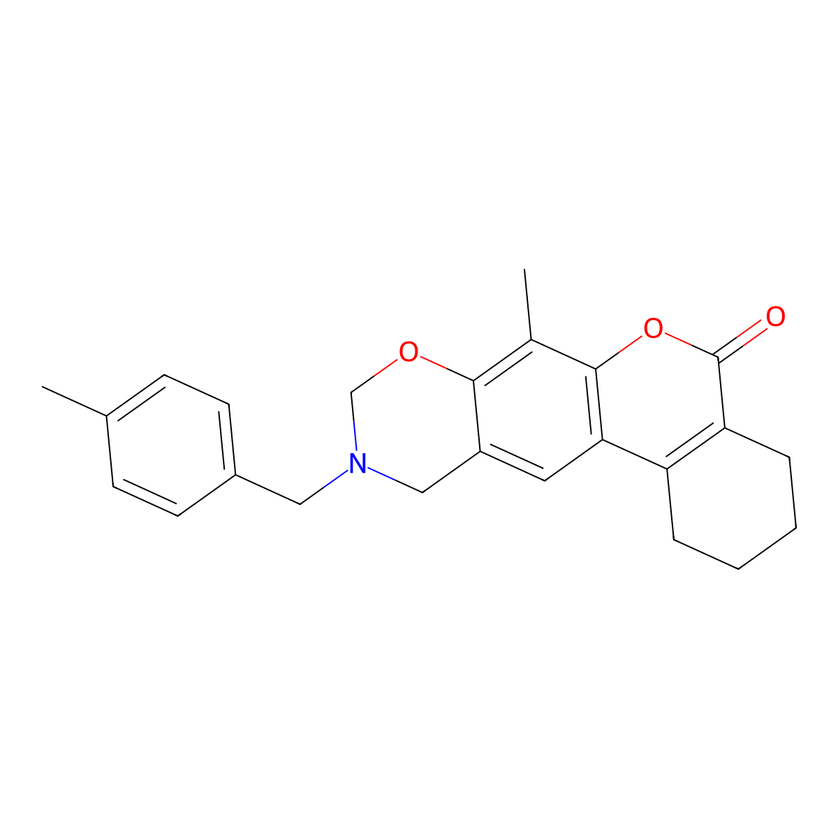 7-methyl-10-(4-methylbenzyl)-1,2,3,4,10,11-hexahydro-5H,9H-benzo[3,4]chromeno[6,7-e][1,3]oxazin-5-one molecular structure, CAS 858763-38-9