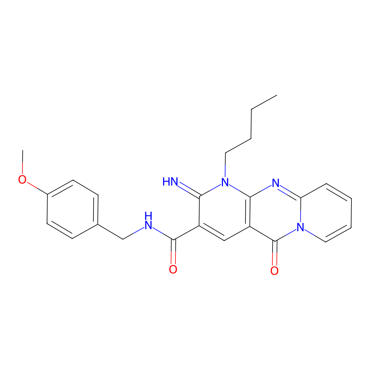 1-butyl-2-imino-N-(4-methoxybenzyl)-5-oxo-1,5-dihydro-2H-dipyrido[1,2-a:2',3'-d]pyrimidine-3-carboxamide molecular structure, CAS 858763-92-5