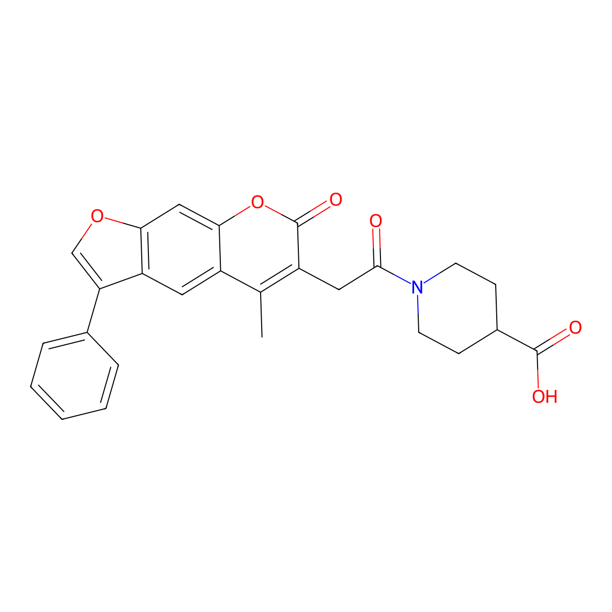 1-[(5-methyl-7-oxo-3-phenyl-7H-furo[3,2-g]chromen-6-yl)acetyl]piperidine-4-carboxylic acid molecular structure, CAS 858765-39-6