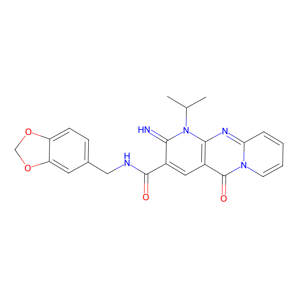 N-[(2H-1,3-benzodioxol-5-yl)methyl]-6-imino-2-oxo-7-(propan-2-yl)-1,7,9-triazatricyclo[8.4.0.0^{3,8}]tetradeca-3(8),4,9,11,13-pentaene-5-carboxamide molecular structure, CAS 858765-64-7