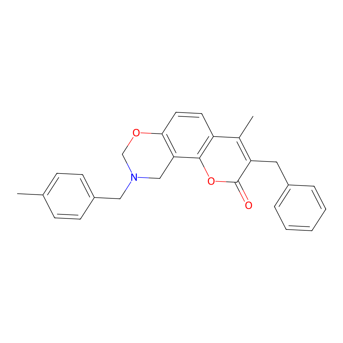 3-benzyl-4-methyl-9-(4-methylbenzyl)-9,10-dihydro-2H,8H-chromeno[8,7-e][1,3]oxazin-2-one molecular structure, CAS 858765-75-0