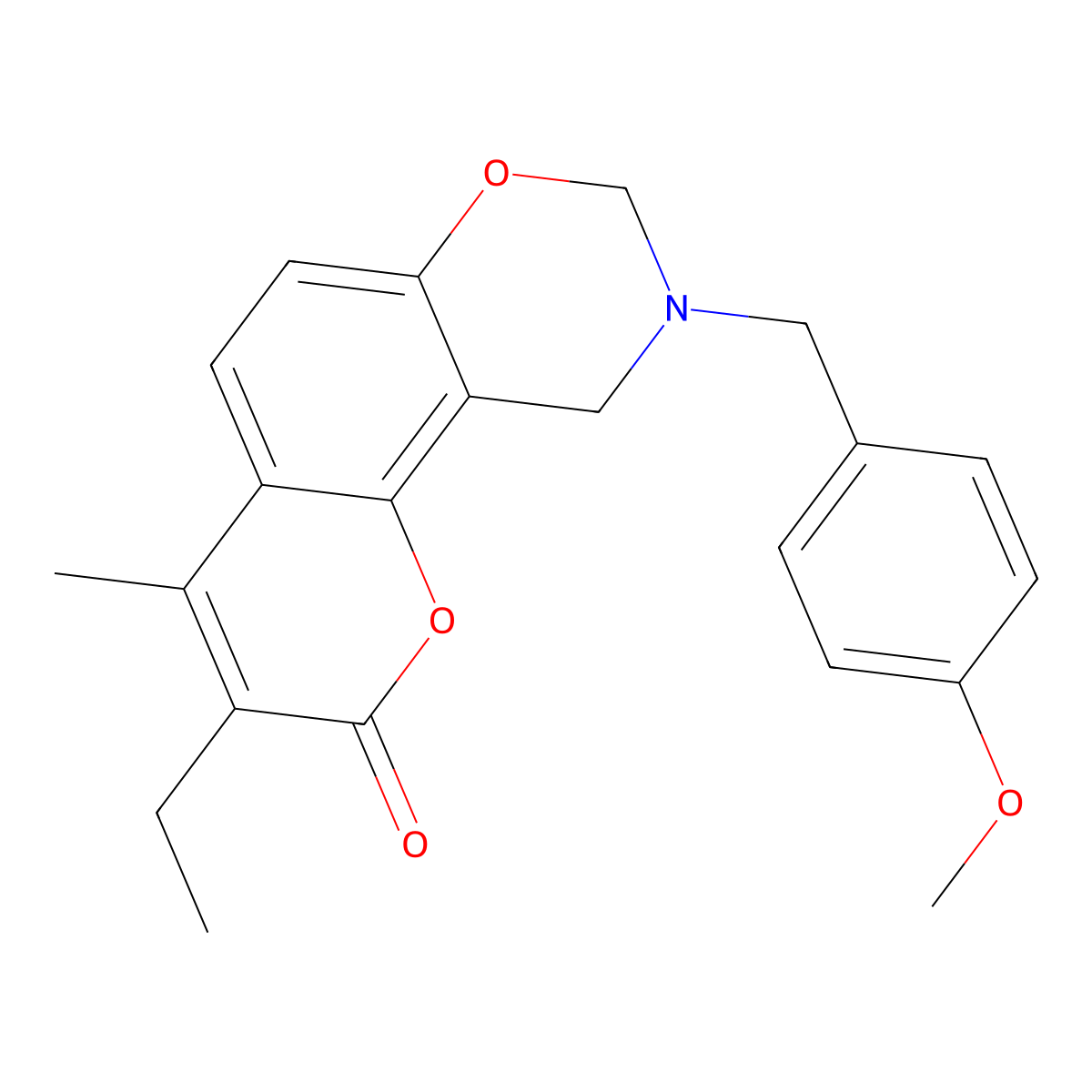 3-ethyl-9-(4-methoxybenzyl)-4-methyl-9,10-dihydro-2H,8H-chromeno[8,7-e][1,3]oxazin-2-one molecular structure, CAS 858767-51-8