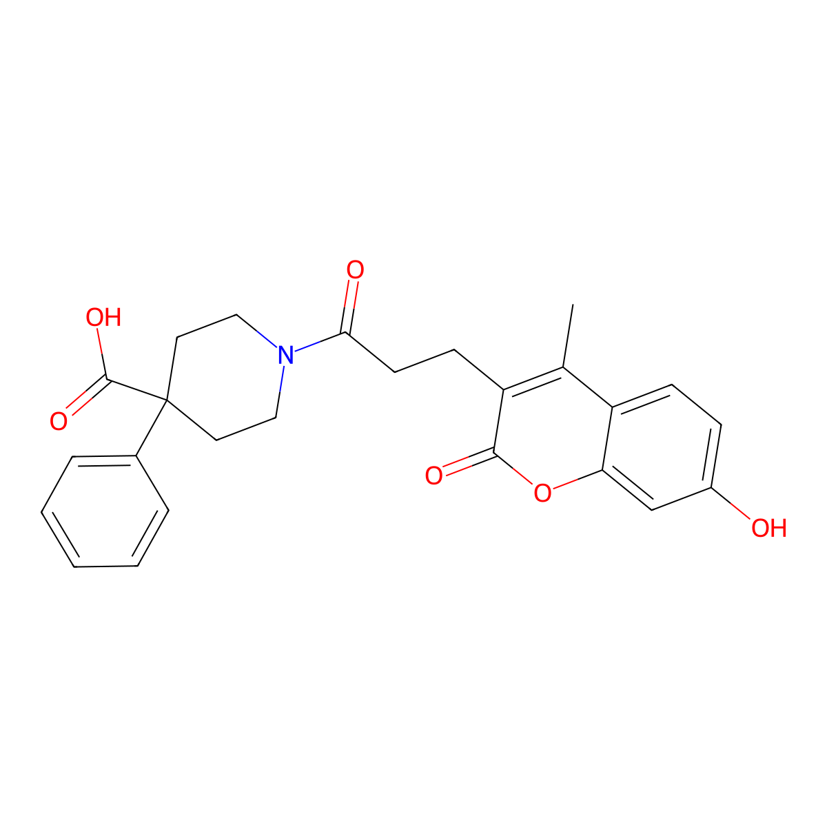 1-[3-(7-hydroxy-4-methyl-2-oxo-2H-chromen-3-yl)propanoyl]-4-phenylpiperidine-4-carboxylic acid molecular structure, CAS 858767-58-5