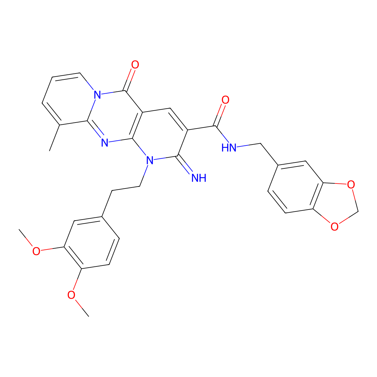 N-(1,3-benzodioxol-5-ylmethyl)-1-[2-(3,4-dimethoxyphenyl)ethyl]-2-imino-10-methyl-5-oxo-1,5-dihydro-2H-dipyrido[1,2-a:2',3'-d]pyrimidine-3-carboxamide molecular structure, CAS 858767-77-8