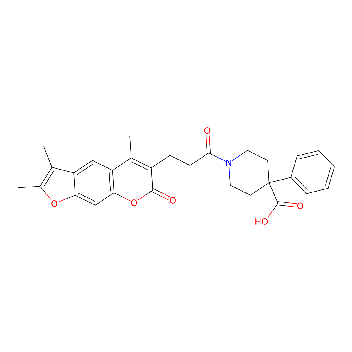 4-phenyl-1-[3-(2,3,5-trimethyl-7-oxo-7H-furo[3,2-g]chromen-6-yl)propanoyl]-4-piperidinecarboxylic acid molecular structure, CAS 858768-13-5