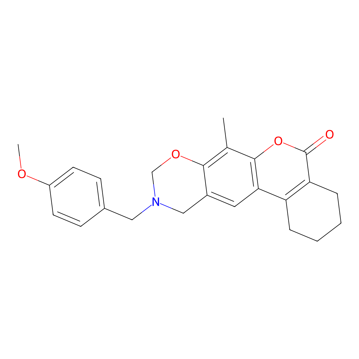 10-(4-methoxybenzyl)-7-methyl-1,2,3,4,10,11-hexahydro-5H,9H-benzo[3,4]chromeno[6,7-e][1,3]oxazin-5-one molecular structure, CAS 858768-79-3