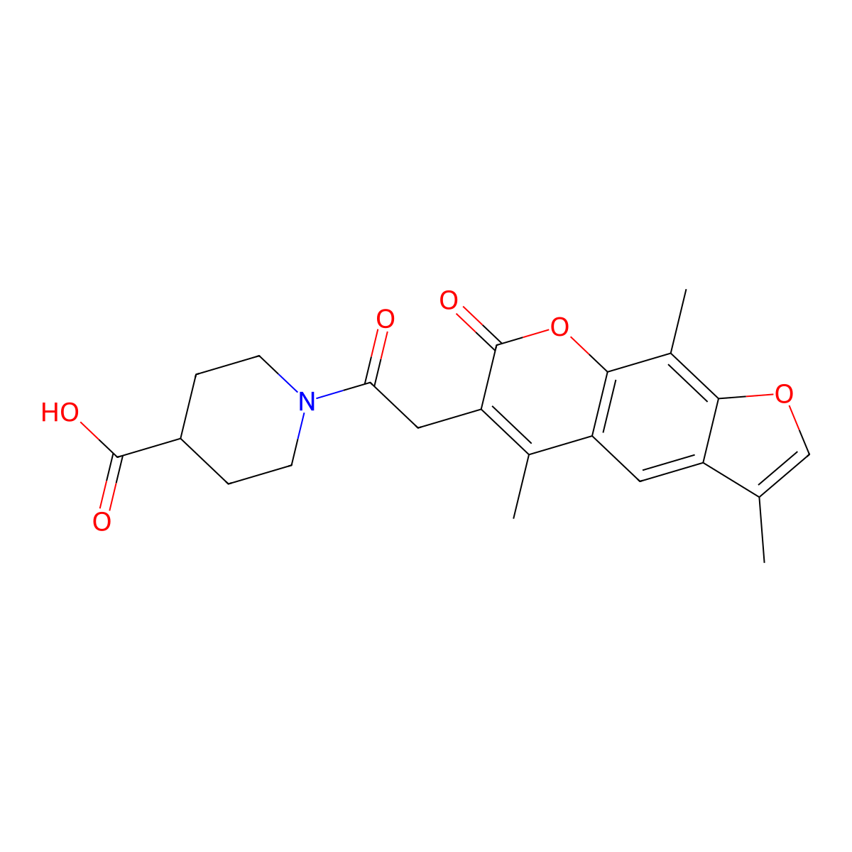 1-[(3,5,9-trimethyl-7-oxo-7H-furo[3,2-g]chromen-6-yl)acetyl]piperidine-4-carboxylic acid molecular structure, CAS 858768-88-4
