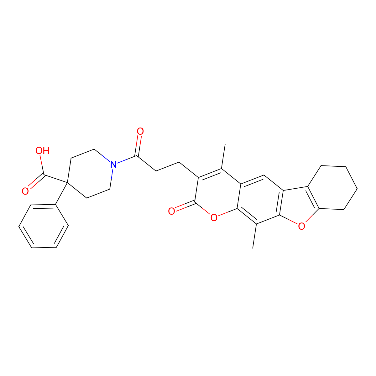 1-[3-(4,11-dimethyl-2-oxo-6,7,8,9-tetrahydro-2H-[1]benzofuro[3,2-g]chromen-3-yl)propanoyl]-4-phenylpiperidine-4-carboxylic acid molecular structure, CAS 858768-94-2