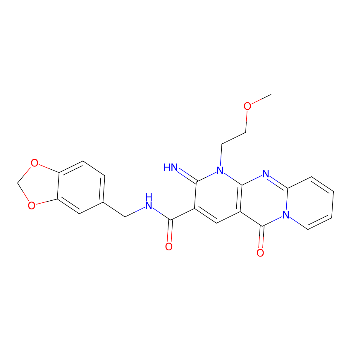 N-[(2H-1,3-benzodioxol-5-yl)methyl]-6-imino-7-(2-methoxyethyl)-2-oxo-1,7,9-triazatricyclo[8.4.0.0^{3,8}]tetradeca-3(8),4,9,11,13-pentaene-5-carboxamide molecular structure, CAS 858769-08-1