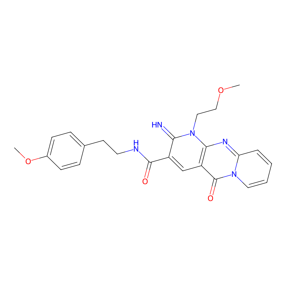 6-imino-7-(2-methoxyethyl)-N-[2-(4-methoxyphenyl)ethyl]-2-oxo-1,7,9-triazatricyclo[8.4.0.0^{3,8}]tetradeca-3(8),4,9,11,13-pentaene-5-carboxamide molecular structure, CAS 858770-08-8