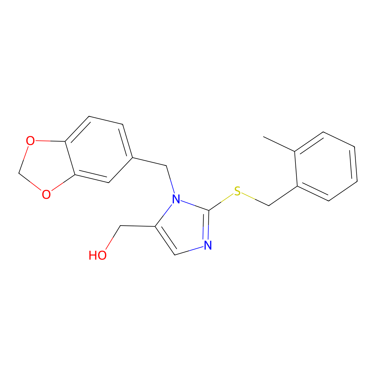 [3-(1,3-Benzodioxol-5-ylmethyl)-2-[(2-methylphenyl)methylsulfanyl]imidazol-4-yl]methanol molecular structure, CAS 858892-03-2