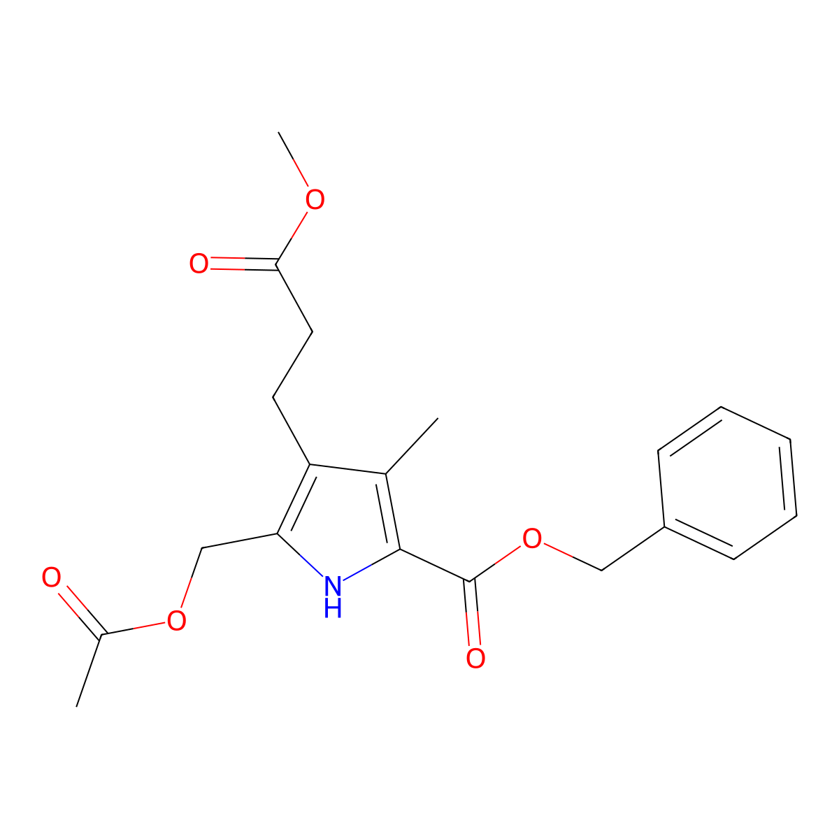 Benzyl 5-[(acetyloxy)methyl]-4-(3-methoxy-3-oxopropyl)-3-methyl-1H-pyrrole-2-carboxylate molecular structure, CAS 859-38-1