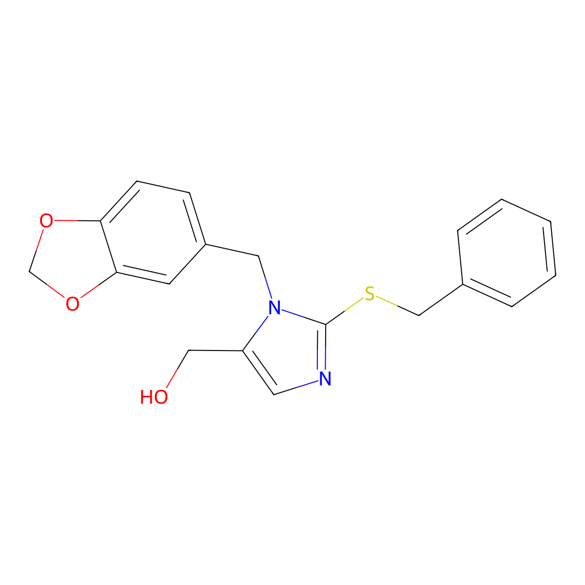 (1-(benzo[d][1,3]dioxol-5-ylmethyl)-2-(benzylthio)-1H-imidazol-5-yl)methanol molecular structure, CAS 859090-64-5