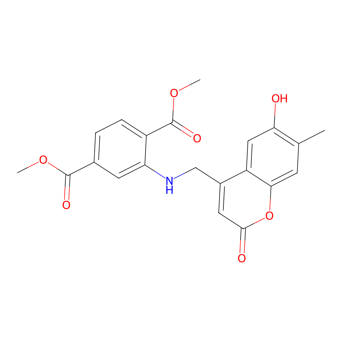 dimethyl 2-(((6-hydroxy-7-methyl-2-oxo-2H-chromen-4-yl)methyl)amino)terephthalate molecular structure, CAS 859108-16-0