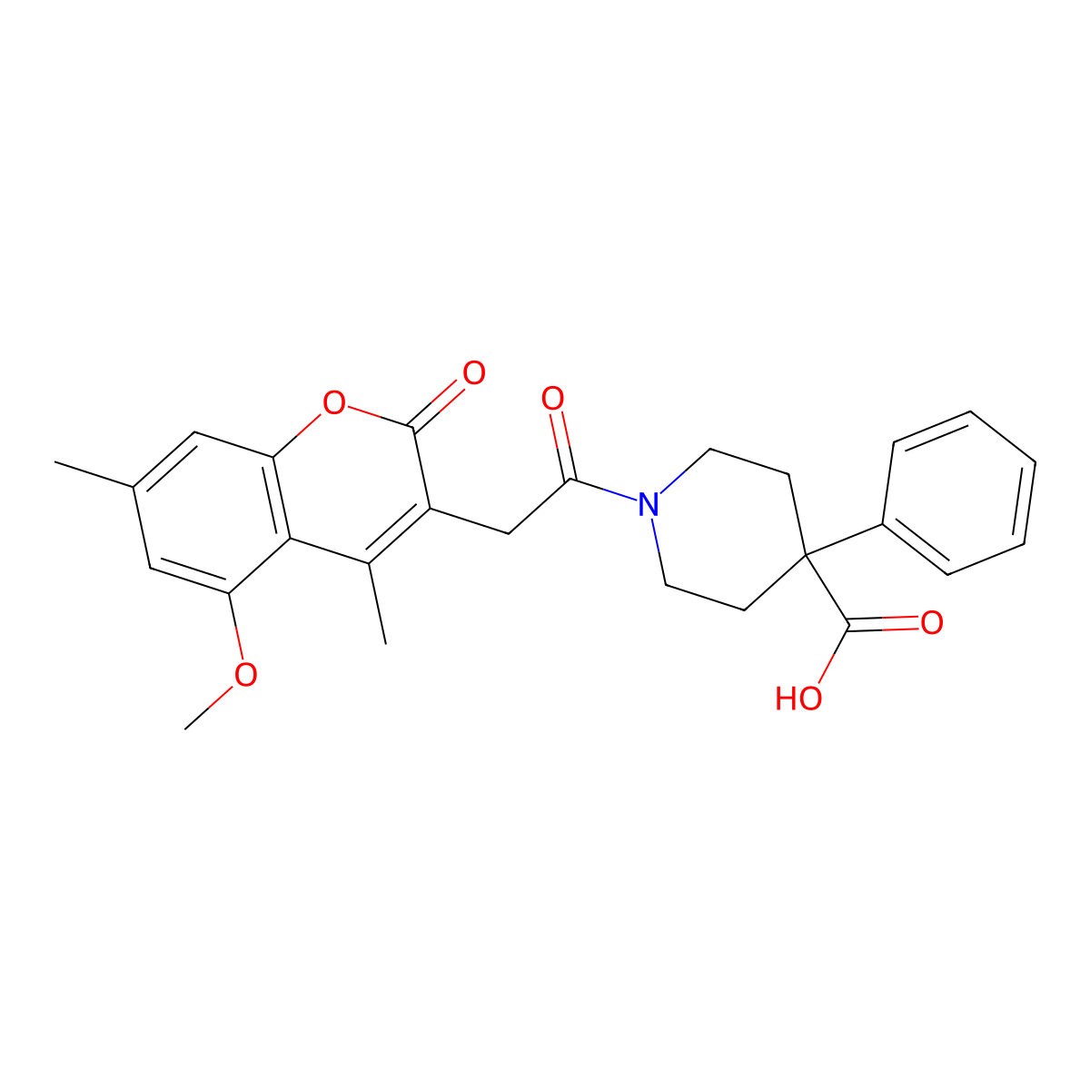 1-[(5-methoxy-4,7-dimethyl-2-oxo-2H-chromen-3-yl)acetyl]-4-phenylpiperidine-4-carboxylic acid molecular structure, CAS 859109-51-6