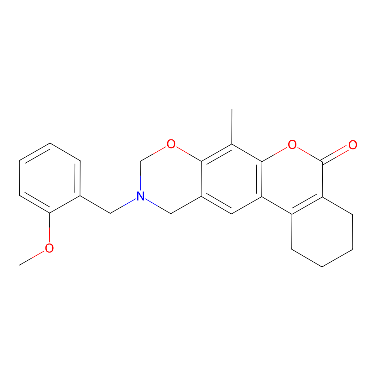 10-(2-methoxybenzyl)-7-methyl-1,2,3,4,10,11-hexahydro-5H,9H-benzo[3,4]chromeno[6,7-e][1,3]oxazin-5-one molecular structure, CAS 859110-13-7
