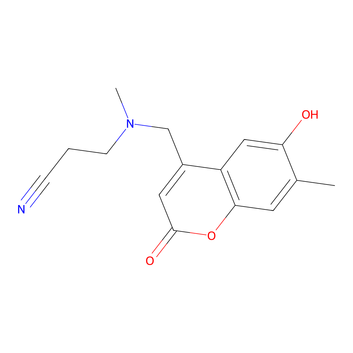 3-(((6-hydroxy-7-methyl-2-oxo-2H-chromen-4-yl)methyl)(methyl)amino)propanenitrile molecular structure, CAS 859112-81-5