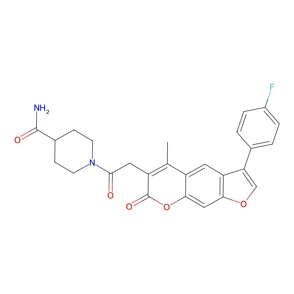 1-{[3-(4-fluorophenyl)-5-methyl-7-oxo-7H-furo[3,2-g]chromen-6-yl]acetyl}piperidine-4-carboxamide molecular structure, CAS 859113-06-7