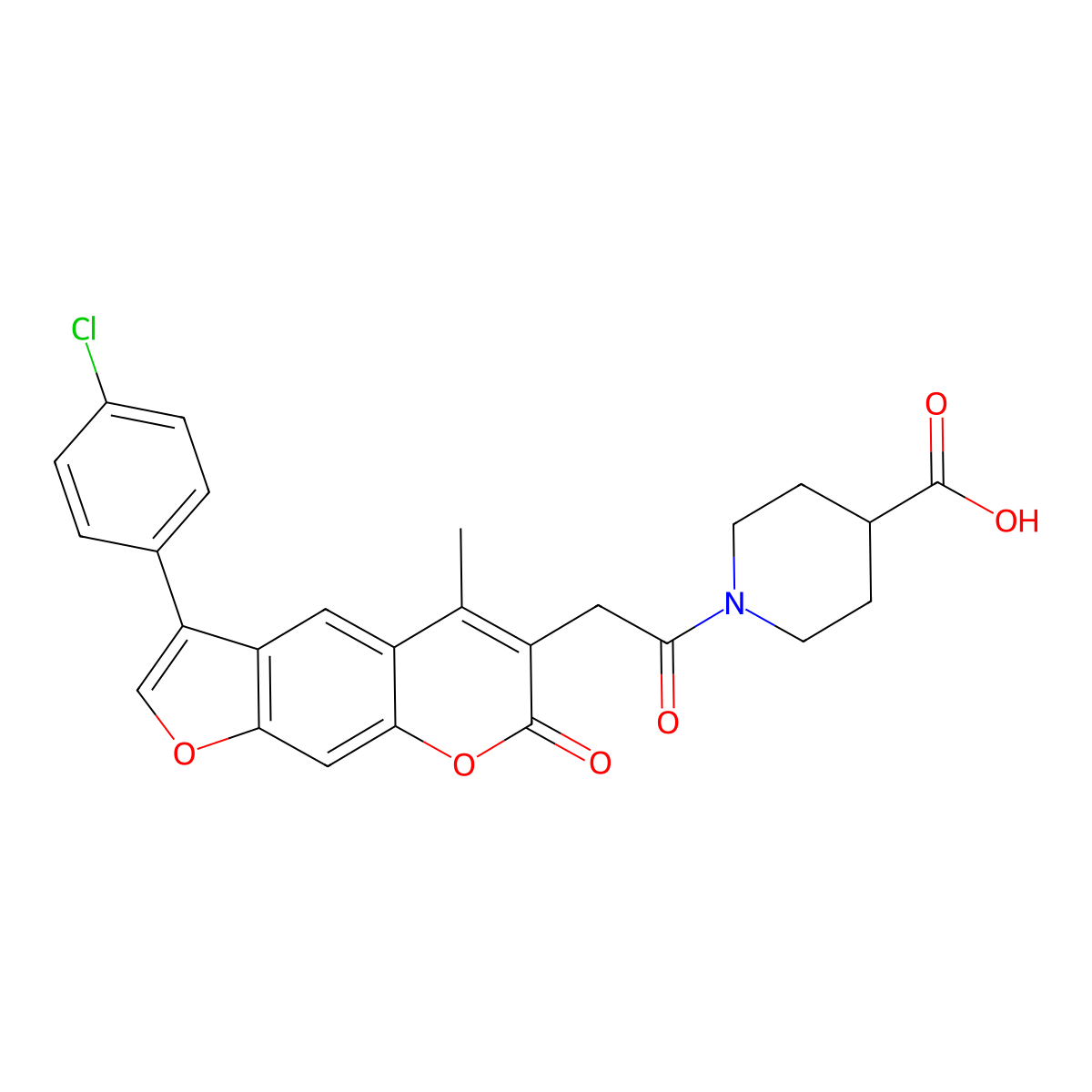 1-{[3-(4-chlorophenyl)-5-methyl-7-oxo-7H-furo[3,2-g]chromen-6-yl]acetyl}piperidine-4-carboxylic acid molecular structure, CAS 859114-91-3