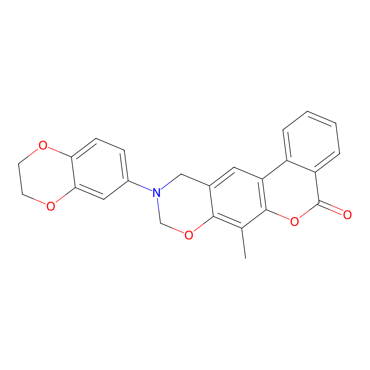 10-(2,3-dihydro-1,4-benzodioxin-6-yl)-7-methyl-10,11-dihydro-5H,9H-benzo[3,4]chromeno[6,7-e][1,3]oxazin-5-one molecular structure, CAS 859117-79-6