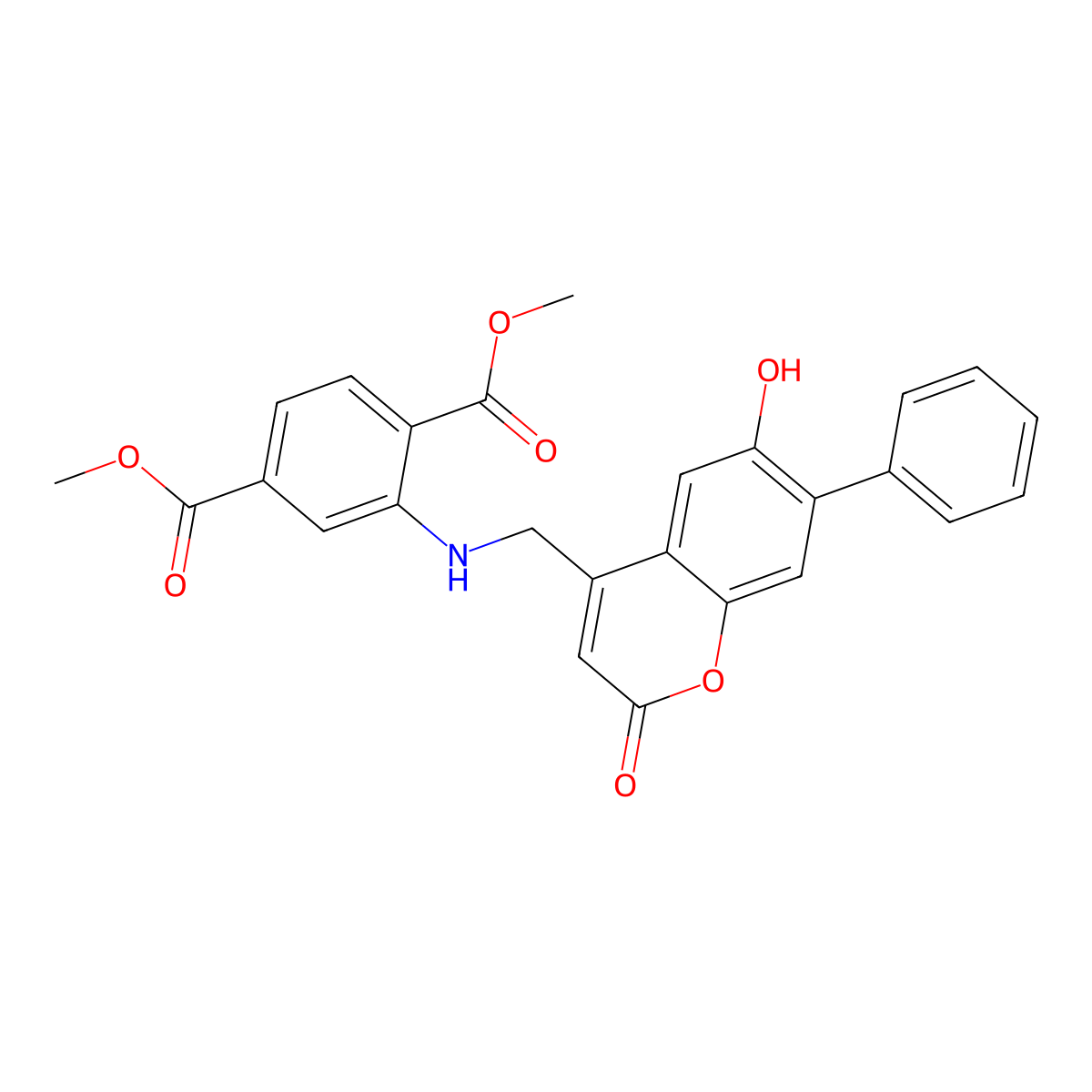 dimethyl 2-(((6-hydroxy-2-oxo-7-phenyl-2H-chromen-4-yl)methyl)amino)terephthalate molecular structure, CAS 859126-15-1